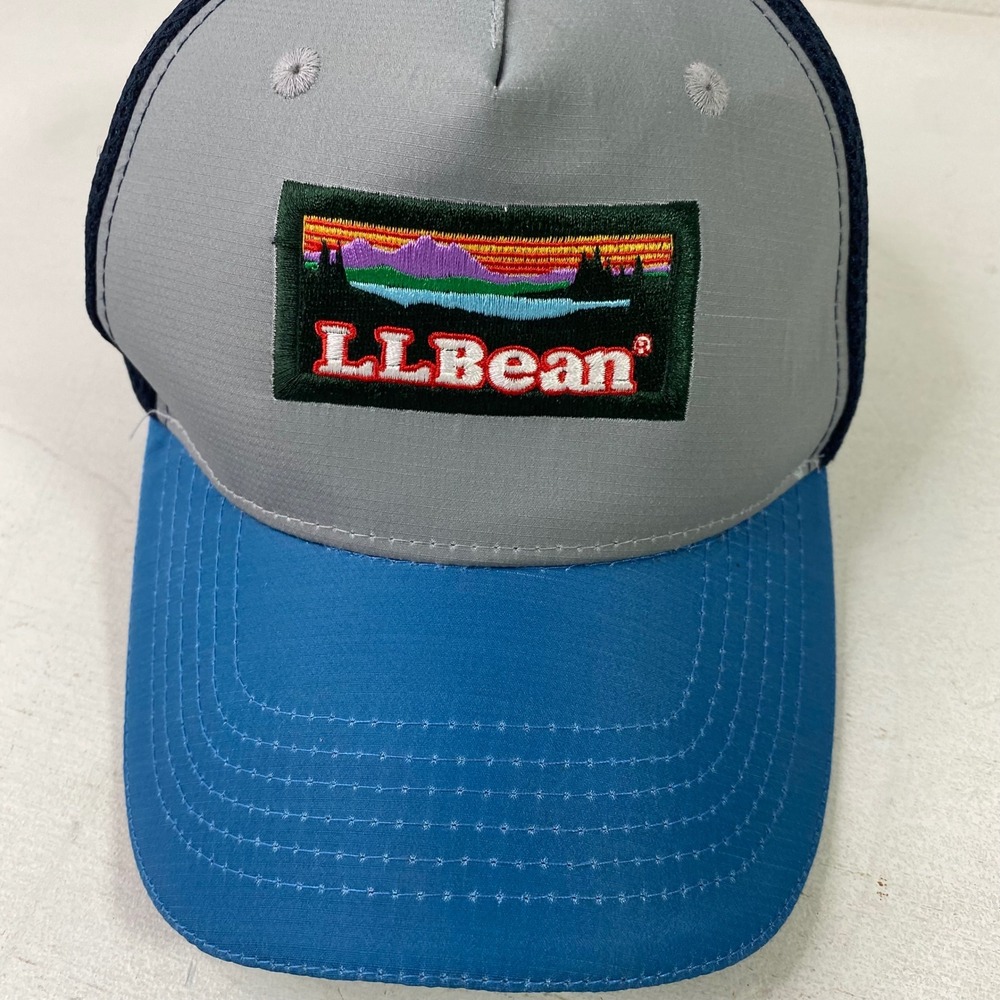 LL Bean Trucker Hat Mesh Snapback Grey Blue Mountain Patch Logo Cap OSFA 503594 - Picture 2 of 9